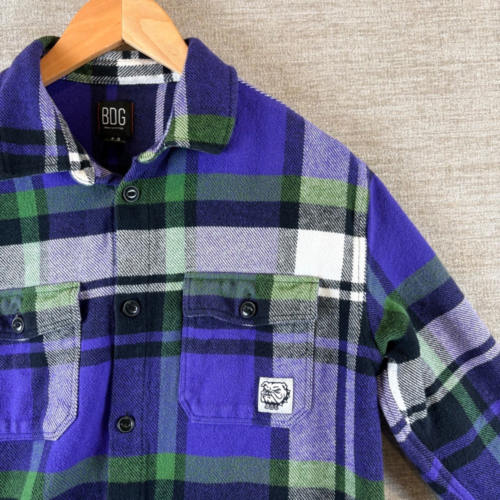BDG Urban Outfitters Mens S Purple Green Plaid Shirt Jacket Shacked EUC Grunge